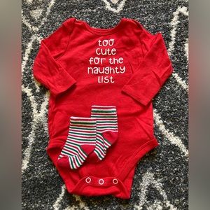 “Too cute for the naughty list” onesie, green/red/white striped socks